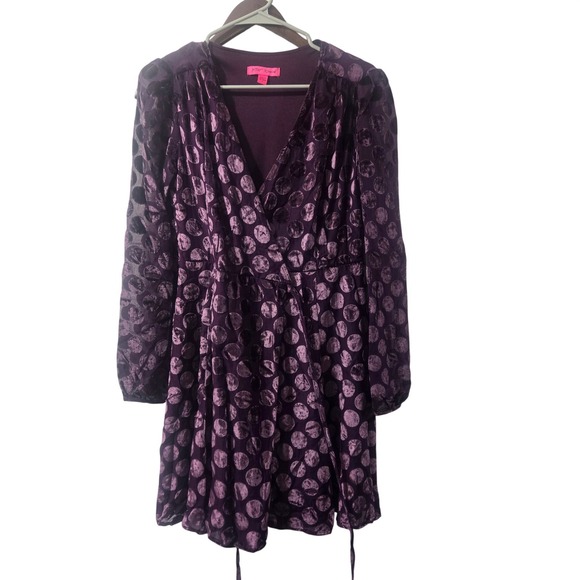 Betsey Johnson Dresses & Skirts - Betsey Johnson Purple Polka Dot Burnout Velvet Wrap Mini Dress Womens Size 2